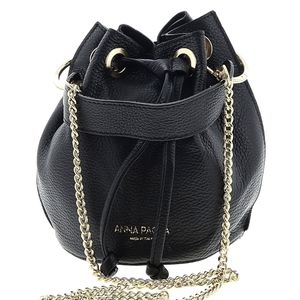 Anna Paola Italian Leather Bucket Bag Black & Gold Chain